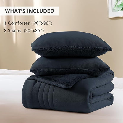 Monbix Fluffy Queen Comforter Set Navy Blue, Sherpa Plush Fuzzy Comforter 3 Piece for Queen Size Bed, Luxury Soft Winter Warm Bedding Set