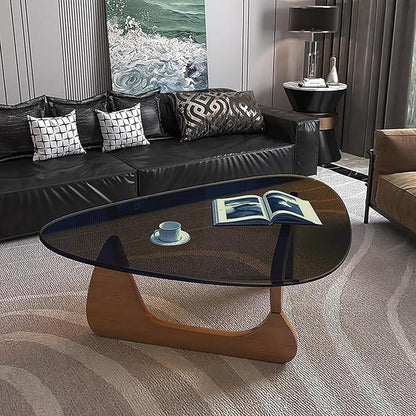 Mid Century Modern Glass Coffee Table, Small Coffee Table for Living Room, Elegant and Functional Coffee Tables Suitable for Bedroom Living Room Reception Office Tables（Walnut/Grey，Small）