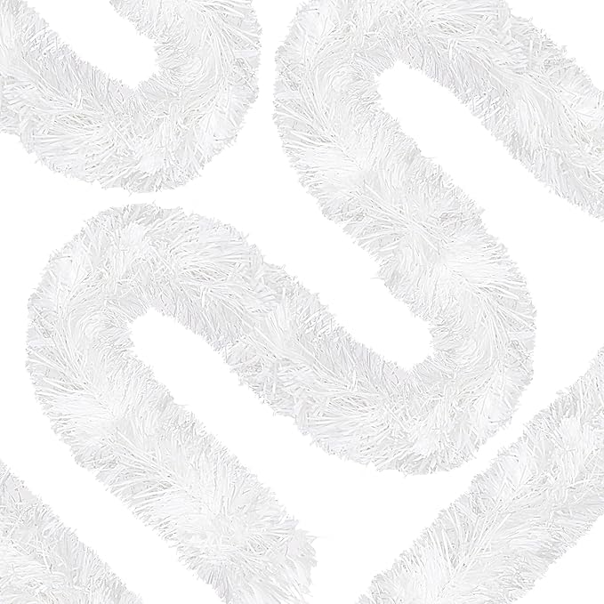 50 Ft Christmas Tinsel Garland White Thick Tinsel Garland Xmas Tree Decorations Metallic Tinsel Twist Garland for Christmas, Birthday, Party Decor Indoor Outdoor Party Supplies
