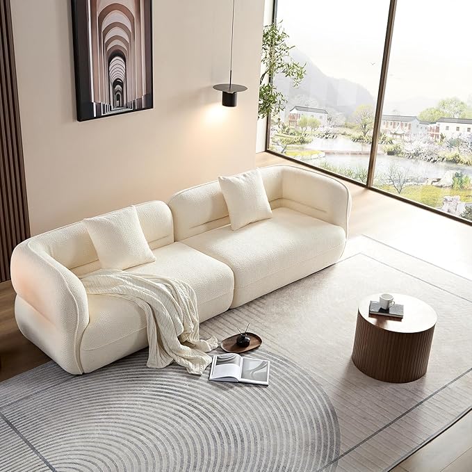 110" Modern Couch Curved Sofa for Living Room, Luxury Curved Sectional Sofas, Upholstered Boucle 3-Seater Loveseat, Minimalist Couches for Office Apartment, Beige