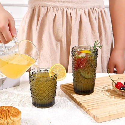 Grey Drinking Glasses Set of 12, 14 Oz Highball & 10 Oz Cocktail Glasses, Grey Kitchen Vintage Glassware Set, Floral Embossed Glass Tumbler Cups for Juice, Whiskey, Water, Beer, Coffee