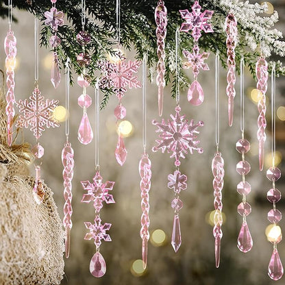 32pcs Crystal Christmas Ornaments for Christmas Tree Decorations-Pink Hanging Acrylic Snowflake and Icicle Ornaments with Drop Pendants for Xmas Winter Wonderland New Year Party Decorations Supplies
