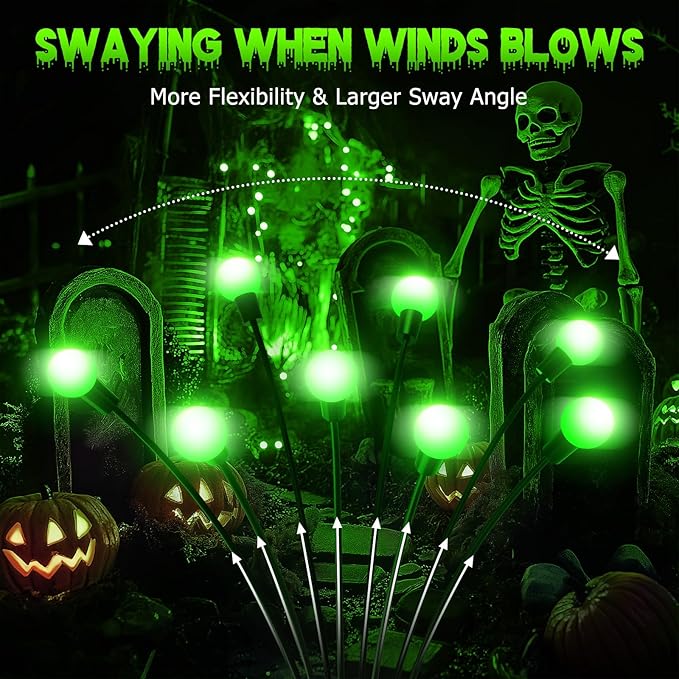 6Pack 48 LED Halloween Decorations Outdoor -LETMY Upgraded Swaying Solar Lights Outdoor, Waterproof Solar Firefly Lights Solar Halloween Lights for Pathway Yard Garden Decorations (Green)