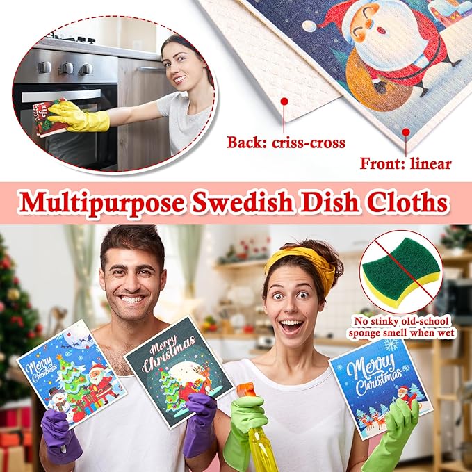 Christmas Swedish Dishcloths Set of 8 Reusable Holiday Kitchen Dish Towels