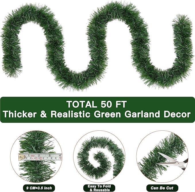 50 Foot Christmas Greenery Garland Decorations, Artificial Green Pine Garland Xmas Tree Decor Soft Tinsel Garlands Non-Lit for Stairs Mantle Fireplace Home Indoor Outdoor Holiday Party Decor