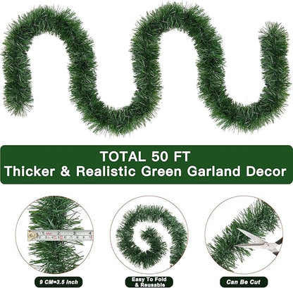 50 Foot Christmas Greenery Garland Decorations, Artificial Green Pine Garland Xmas Tree Decor Soft Tinsel Garlands Non-Lit for Stairs Mantle Fireplace Home Indoor Outdoor Holiday Party Decor