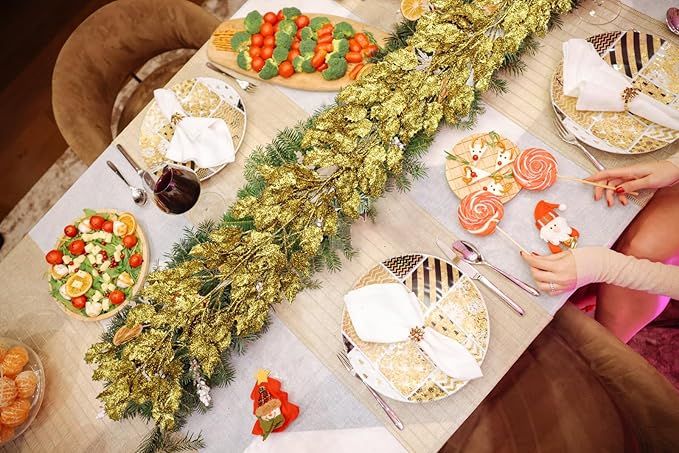 3 Pcs 6FT Christmas Garland Gold Glittered Artificial Holly Leaves for Christmas Tree Decorations Indoor Outdoor Hanging Garland Ornaments Home Decor Garden Door Wall Window Stair Holiday Decoration