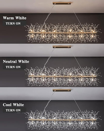 Modern 59" Modern Gold Crystal Firework Chandelier, 18-Light Pendant Light Fixture, Rectangle Linear Sputnik Dandelion Chandeliers for Dining Room Kitchen Living Room