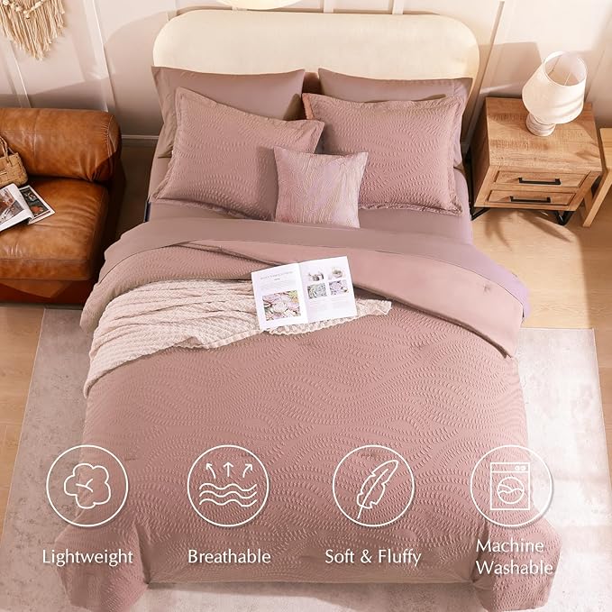 Geniospin Full Size Comforter Set - 7 Pieces Dusty Pink Bedding Set, Botanical Textured Comforter Bed Set, All Season Lightweight Bed in a Bag with Comforter, Sheets, Pillowcases & Shams