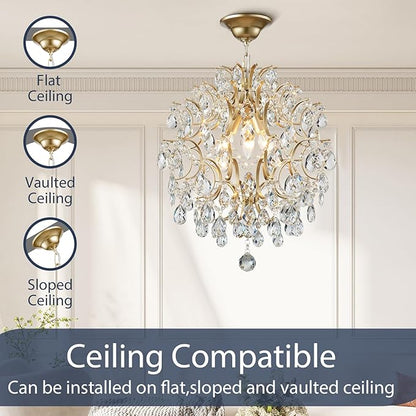Bestier Modern Gold Pendant Chandelier Crystal Raindrop Lighting Ceiling Light Fixture Lamp for Dining Room Bathroom Bedroom Livingroom entryway 3 E12 Bulbs Required D16 in x H18 in