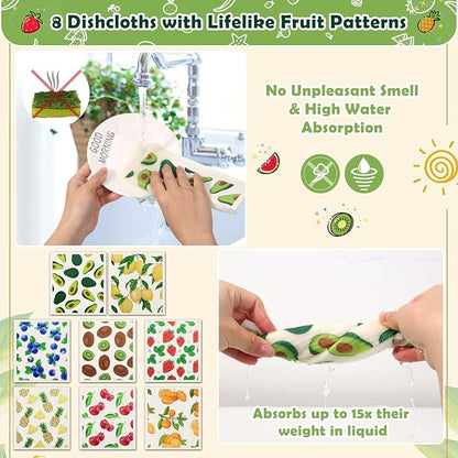 Lucomb Swedish Dish Cloths 8 Pack Reusable Quick Dry Kitchen Dish Towels, Mixed Fruit