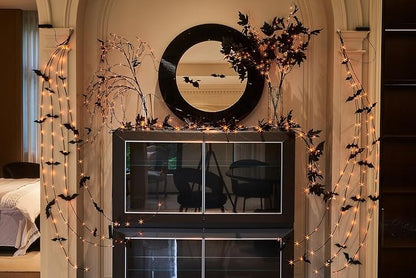 LITBLOOM Halloween Tree Branches with Lights 43IN 180 Orange and Warm White Fairy Lights, Lighted Black Weeping Willow Branches with Bats Dimmer and Timer for Home Fall Halloween Decoration
