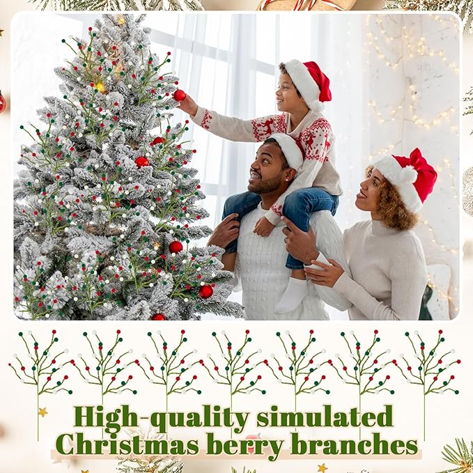 Soulchen 12 Pcs 16 Inch Christmas Pom Poms Picks Felt Tree Decorations Artificial Red White Green Christmas Ornaments Fake Berry Twig Spray Branches Decor for Holiday Xmas Tree Home Vase DIY Crafts