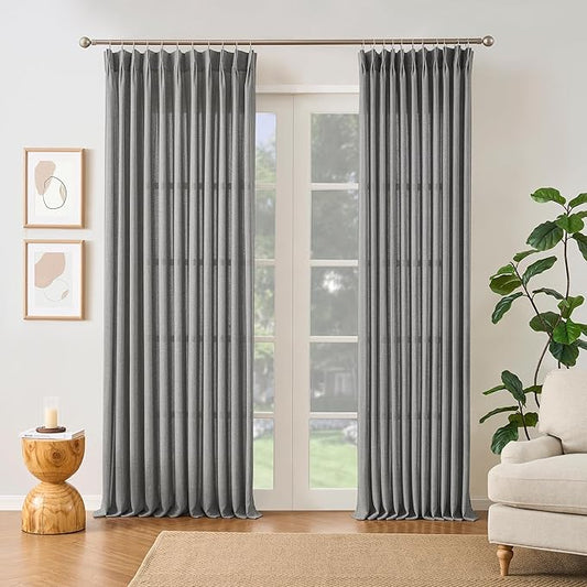 Grey Pinch Pleated Curtains 90 Inches Long 2 Panels, Soft Linen Textured Window Drapes for Bedroom Living Room Semi Sheer Light Filtering Back Tab with Hooks 70x90