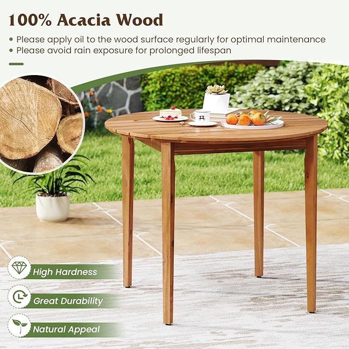 Tangkula Round Outdoor Dining Table for 4 People, 36 inch Acacia Wood Patio Table with Slatted Tabletop, Indoor Outdoor Farmhouse Bistro Table for Yard, Garden, Poolside, Deck