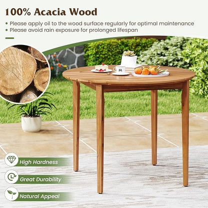 Tangkula Round Outdoor Dining Table for 4 People, 36 inch Acacia Wood Patio Table with Slatted Tabletop, Indoor Outdoor Farmhouse Bistro Table for Yard, Garden, Poolside, Deck