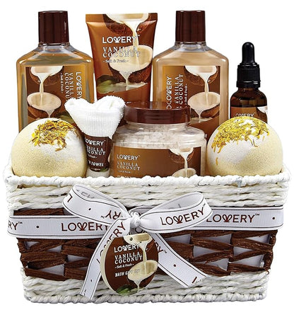 Gifts For Women Gift Basket for Women– 9 Piece Set of Vanilla Coconut Home Spa Set, Includes Fragrant Lotions, Extra Large Bath Bombs, Coconut Oil, Luxurious Bath Towel & More