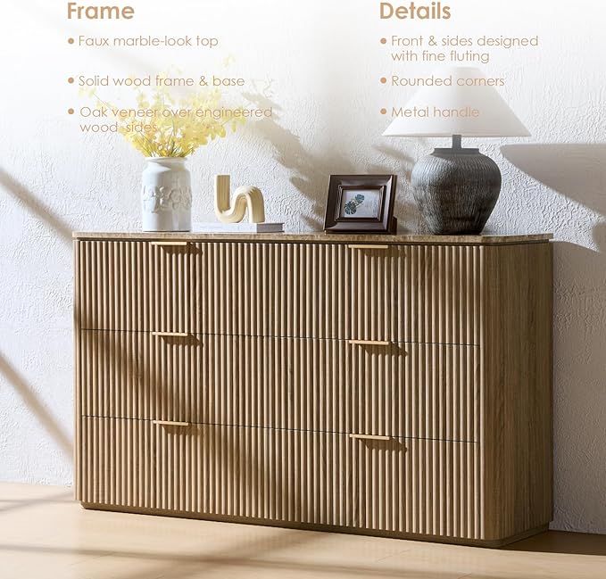 Fluted 6 Drawer Dresser for Bedroom, 54.5" Wide Modern Chest of Drawers with Faux Marble Top, Curved Corners, Wooden Dresser TV Stand with Organizer Storage for Living Room, Natural Oak