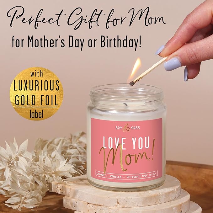 Gifts for Mom, Mom Birthday Gifts, Mothers Day Gifts for Mom - 'Love Mom' Soy Candle, w/Coconut & Vanilla I Birthday Gifts for Mom Gifts from Daugher or Son I 50Hr Burn, USA Made