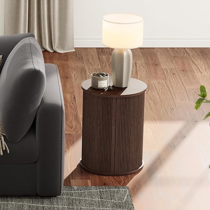LINSY Round Fluted Nightstand, Mid Century Modern Tall Side Table with Storage, End Table with Sliding Tambour Doors, Adjustable Shelf, Small Wood Bedside Table for Bedroom, Living Room, Walnut