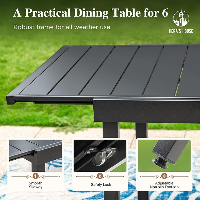 HERA'S HOUSE 7 Pieces Patio Table and Chairs Set, Outdoor Dining Set for 7, 6 x Cushioned Woven Rattan Patio Chairs and 1 x 61”/84” Black Extendable Metal Table, Outdoor Rattan Dining Set for Lawn