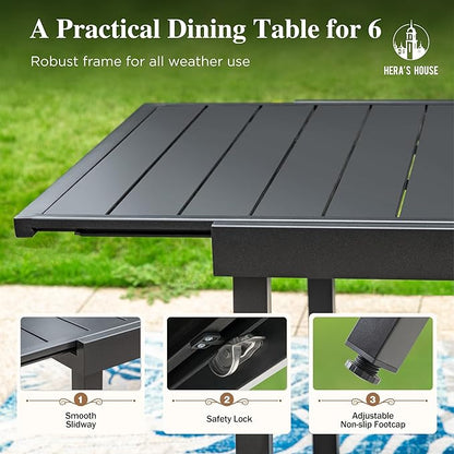 HERA'S HOUSE 7 Pieces Patio Table and Chairs Set, Outdoor Dining Set for 7, 6 x Cushioned Woven Rattan Patio Chairs and 1 x 61”/84” Black Extendable Metal Table, Outdoor Rattan Dining Set for Lawn