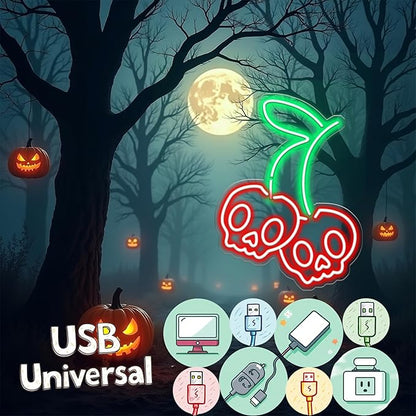 Cherry Skull Neon Sign - LED Gothic Decor