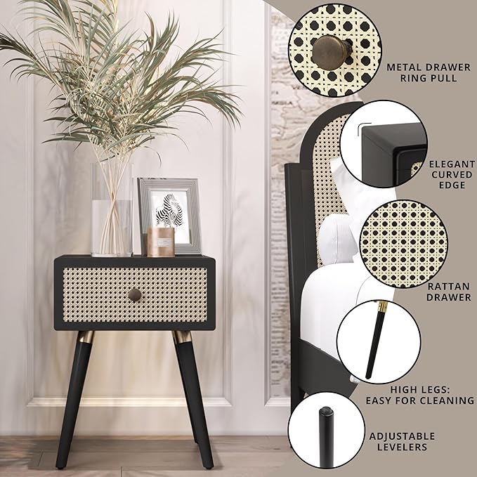 Bme Nipe Black Solid Wood Rattan Woven Cane End Table Bedside Table for Modern Bedroom Boho Living Room