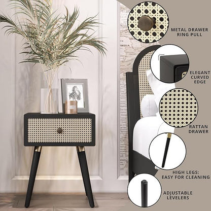 Bme Nipe Black Solid Wood Rattan Woven Cane End Table Bedside Table for Modern Bedroom Boho Living Room