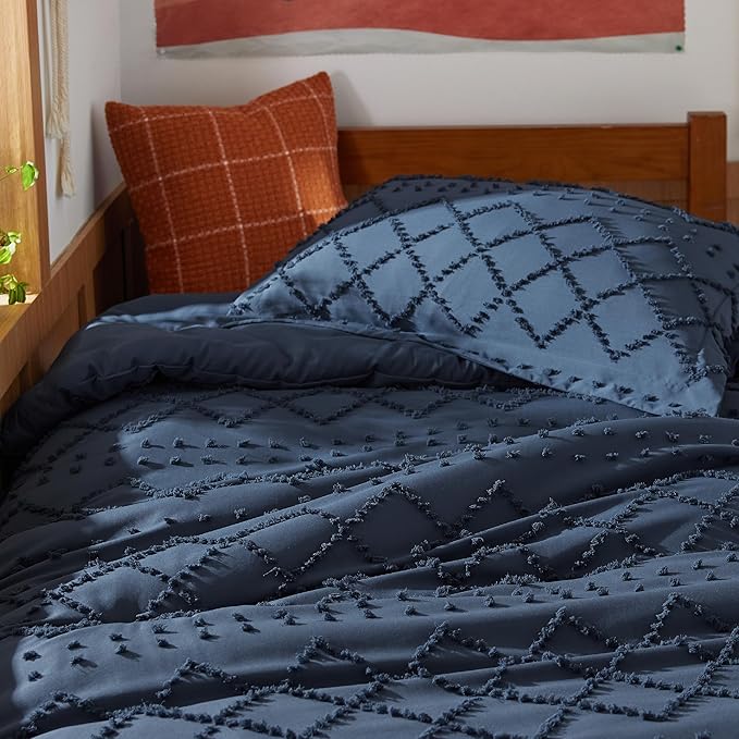 Bedsure Twin Comforter Set - Navy Blue Comforter, Boho Tufted Shabby Chic Bedding for Kids, 2 Pieces Vintage Farmhouse Bed Set for All Seasons, Fluffy Soft Bedding with 1 Pillow Sham