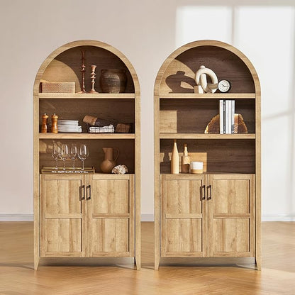 mopio Lauren 77.4" Tall Arched Cabinet, 5-Tier Arched Bookcase with Doors and Adjustable Shelves, Arch Bookshelf with Storage, Wooden Storage Cabinet for Living Room and Kitchen Pantry (Set of 2, Oak)