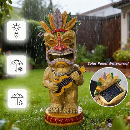 Solar Tiki Garden Statue with LED Eyes Outdoor Resin Ukulele Player Yard Decor Solar Light Hawaiian Style Lawn for Patio Porch Lawn Tiki Bar or Tiki Lover Funny Gifts