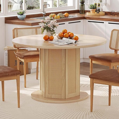DWVO Round Dining Table for 4-6 People, 47 Inch Farmhouse Kitchen Table with Rattan Circular Base, Natural Oak