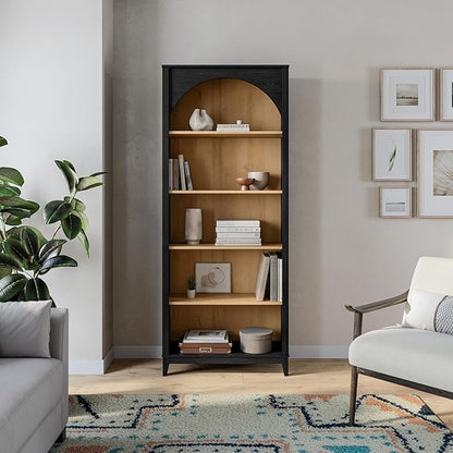 Prepac Ark 78" Tall 5-Tier Arched Bookcase, Black Oak with Oak Finish Interior, Modern Storage Accent Bookshelf with 3 Adjustable Shelves for Home, Office, Living Room, Bedroom