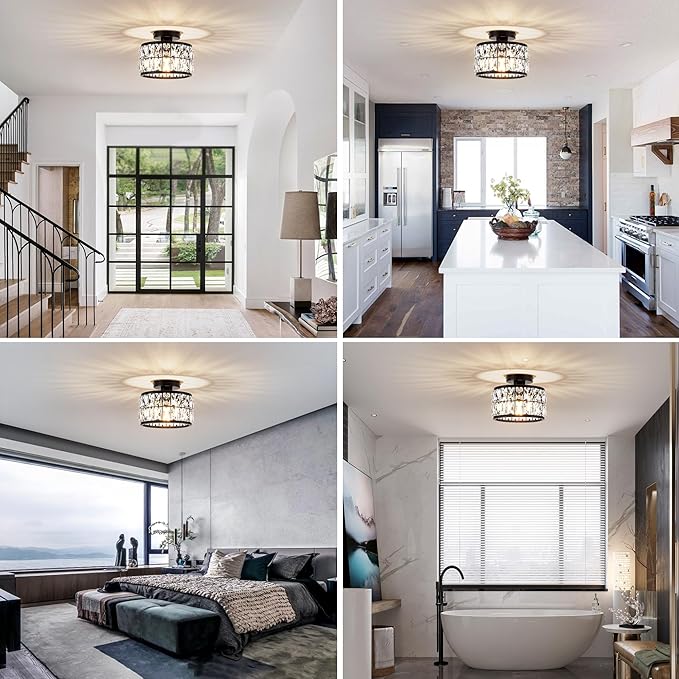 Crystal Ceiling Light Fixture, Modern Semi Flush Mount Ceiling Light,Crystal for Kitchen Bedroom Bathroom Entryway, Black Finish