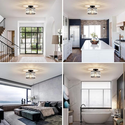 Crystal Ceiling Light Fixture, Modern Semi Flush Mount Ceiling Light,Crystal for Kitchen Bedroom Bathroom Entryway, Black Finish