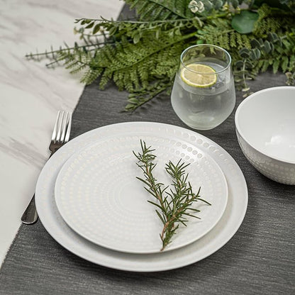 BZYOO Ceramic Dinnerware Set Serive for 4 (12 Pieces), Stoneware Plates and Bowls for Dining Pearl White Dishes Set With DOTDOT Design, Microwave Safe (12 PCS Dishes and Bow set, Bijou Collection)