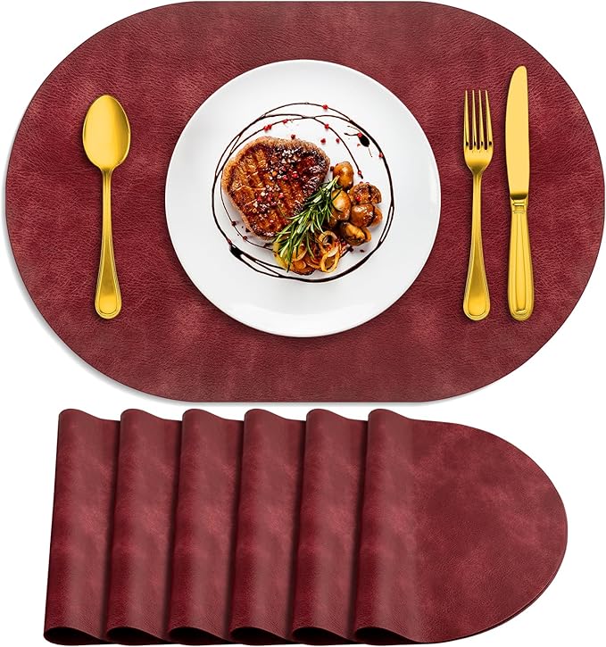 ADRIMER Placemats, Heat Resistant Oval Placemats Set of 6 Washable 12 x 17 Inch, Waterproof Table Mats, Wipeable Pu Place Mats for Kitchen, Dining Room, Wine Red