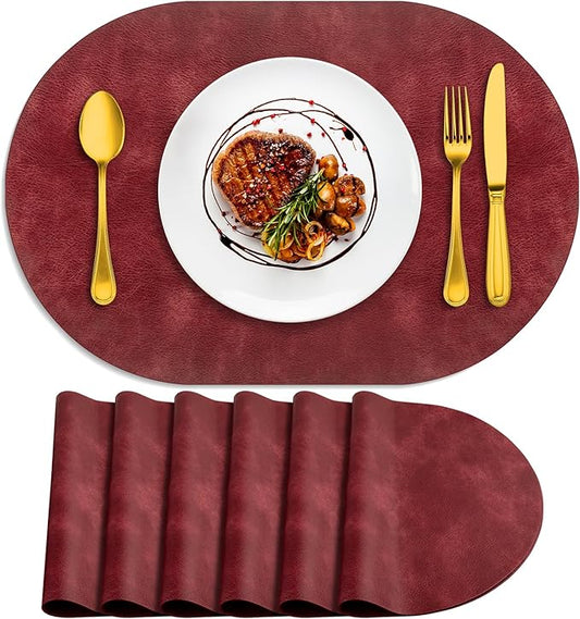 ADRIMER Placemats, Heat Resistant Oval Placemats Set of 6 Washable 12 x 17 Inch, Waterproof Table Mats, Wipeable Pu Place Mats for Kitchen, Dining Room, Wine Red