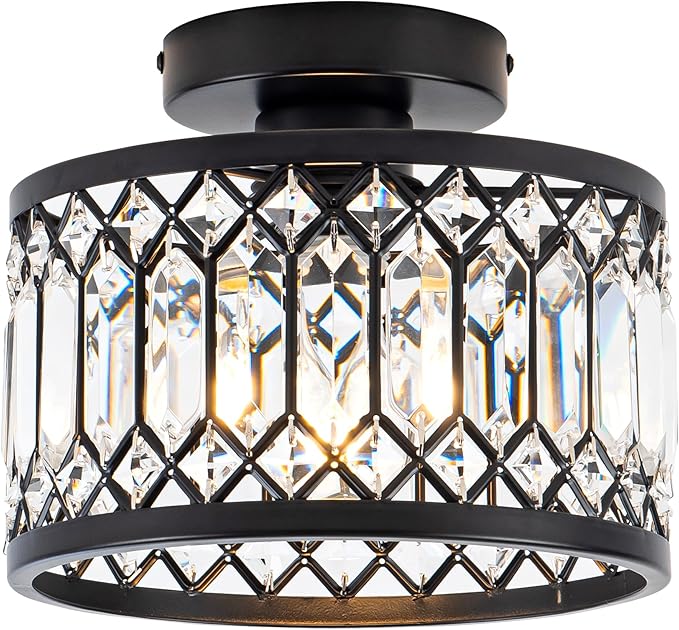 Crystal Ceiling Light Fixture, Modern Semi Flush Mount Ceiling Light,Crystal for Kitchen Bedroom Bathroom Entryway Black (Bulb not Included)