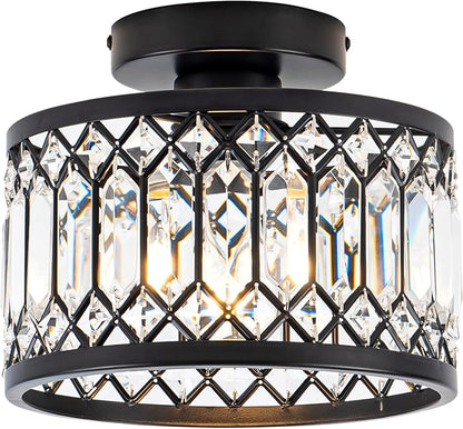 Crystal Ceiling Light Fixture, Modern Semi Flush Mount Ceiling Light,Crystal for Kitchen Bedroom Bathroom Entryway Black (Bulb not Included)