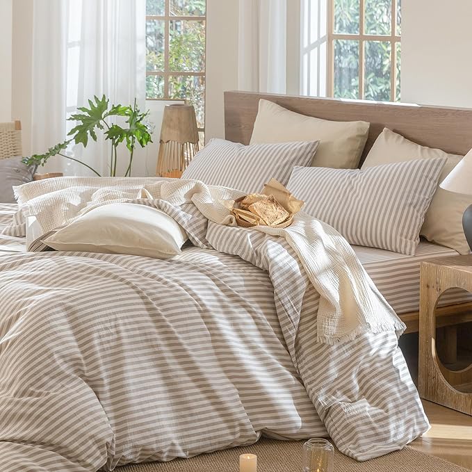 MooMee Striped Duvet Cover Set 100% Washed Cotton Linen Like Textured Breathable Durable Soft Comfy (Tannish Linen Grey White Classic Stripes, Twin 68"x90")