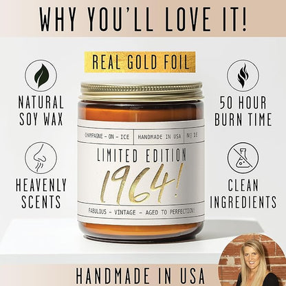 61st Birthday Gifts for Women - 'Limited Edition 1964' Soy Candle, w/Champagne on Ice I 61 Birthday Gifts for Women I 61st Gift for Her Ideas I 9oz Reusable Jar, 50Hr Burn, Made in USA