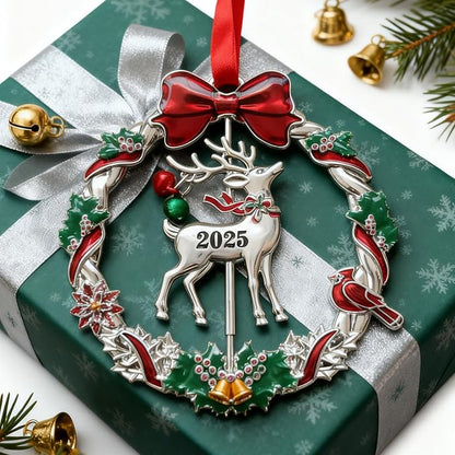 Christmas Ornament 2025 for Tree Hanging Decorations Dated 2025 Christmas Wreath Ornament with Rotatable Reindeer Metal Xmas Ornament for Holiday Decorative Keepsake Gifts