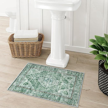 Uphome Green Bath Mat, Distressed Farmhouse Boho Bathroom Rugs, Super Cozy Velvet Small Bathroom Mats, Non Slip Machine Washable Bathroom Floor Mat for Toilet Sink Shower, 18x26 inch