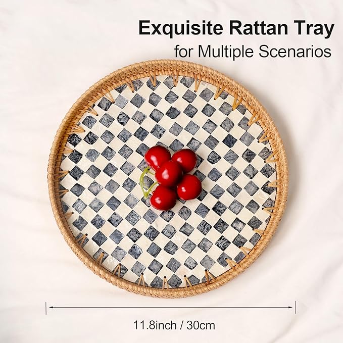 Round Rattan Tray with Mother of Pearl Inlay, Rattan Serving Tray for Coffee, Bread, Fruits, Decorative Wicker Tray for Table Decor, Home Decor, Kitchen Island Decor(Black Checkerboard, 11.8")