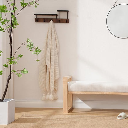 Kmax Entryway Bench, Wooden Bench for Bedroom End of Bed with Hollow Arms Farmhouse Upholstered Bench Rustic Window Bench for Entry Way Bedroom Living Room - Linen, Beige