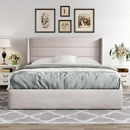 Allewie Full Size Lift Up Storage Bed, Modern Wingback Headboard, Hydraulic Support, No Box Spring Needed, Light Beige