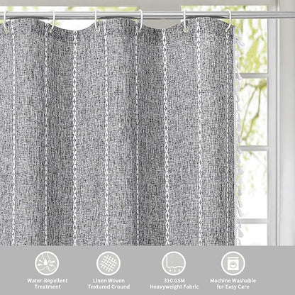 MitoVilla Dark Grey Boho Shower Curtains for Modern Farmhouse Bathroom Decor, Country Thick Polyester Linen Fabric Shower Curtain, Rustic Tassel Cloth Shower Curtain, 72 x 72, Charcoal Grey