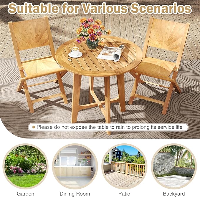 Tangkula 31.5” Patio Dining Table, Round Teak Wood Outdoor Dining Table w/Slatted Tabletop, X-Shaped Frame, 4 Sturdy Supporting Legs, Farmhouse Dining Furniture for Dining Room, Garden, Poolside